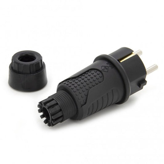 Black rubber plug IP54, 250v 16a per cable, Uni-Schuko (double earth connection), 2P+E, REF, Bylion