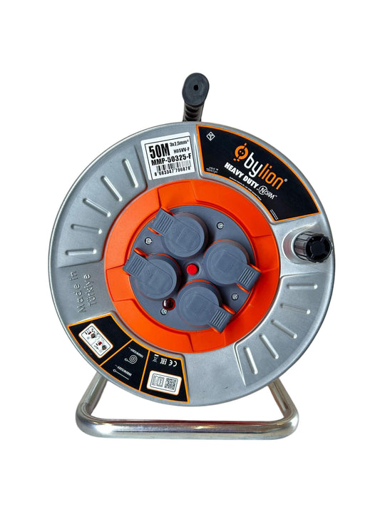 Professional metal reel with 3x2.5 mm2 copper cable, IP44 with overload protection, 16 A current Schuko type with 4 sockets, 50M length, cable color: orange