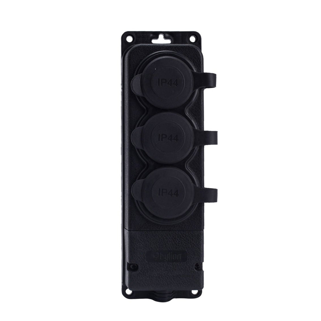 Tomada tripla de "borracha" preta com tampa hermética IP44 250V, 16A, SCHUKO 2P+Z, 3KMP-F, Bylion