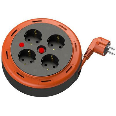 Compact cassette reel extension cable, 5m cable with 4 IP20 sockets + thermal fuse + child fuse, 3x1mm2, SCHUKO type grounding connection, PHE-05310-F
