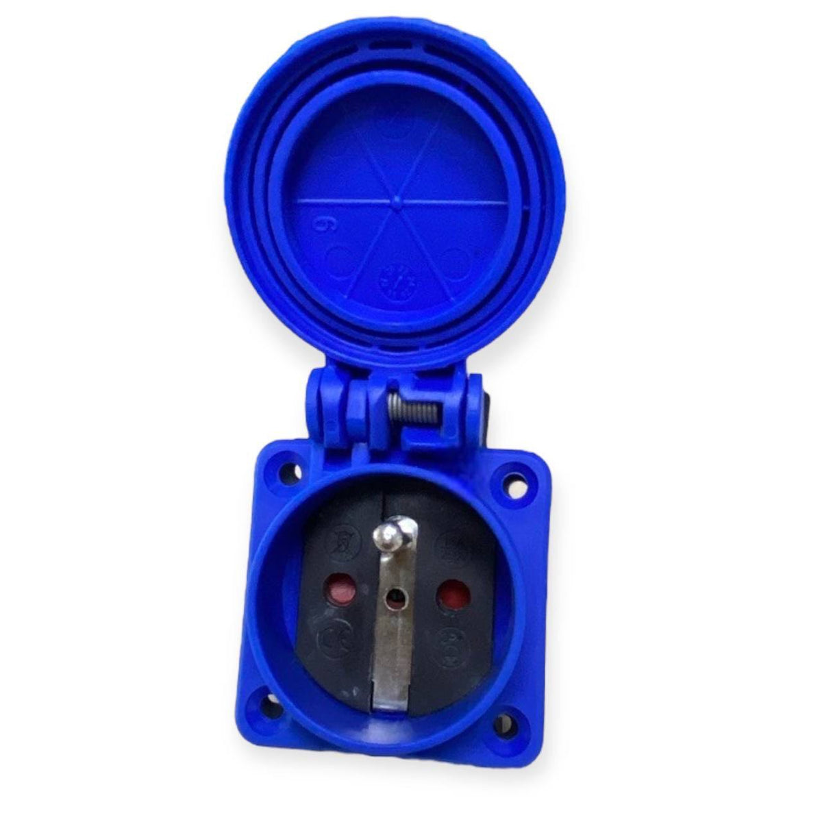 Tomada hermética 2P+Z, 230/220v, com ligação à terra, IP44, com aba, azul, 250V Francês