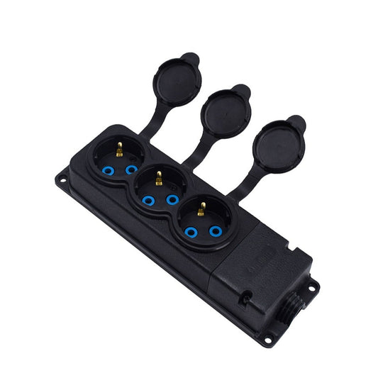 Tomada tripla de "borracha" preta com tampa hermética IP44 250V, 16A, SCHUKO 2P+Z, 3KMP-F, Bylion