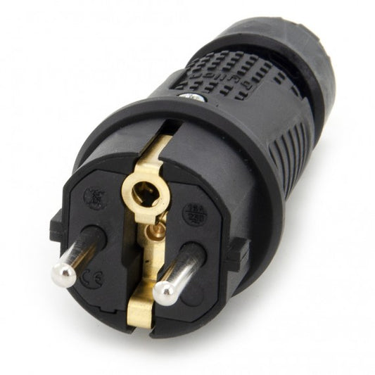 Black rubber plug IP54, 250v 16a per cable, Uni-Schuko (double earth connection), 2P+E, REF, Bylion