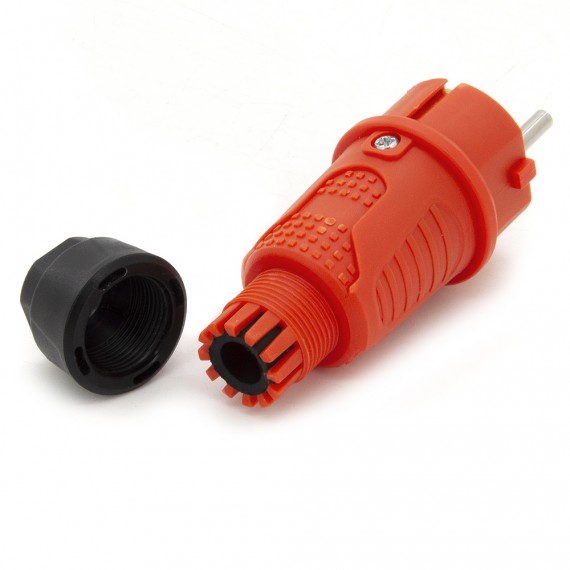 Ficha de borracha laranja IP54, para cabo, ligação à terra dupla, 2P+Z, REF-O , 16 amperes 250 volts, fabricante Bylion