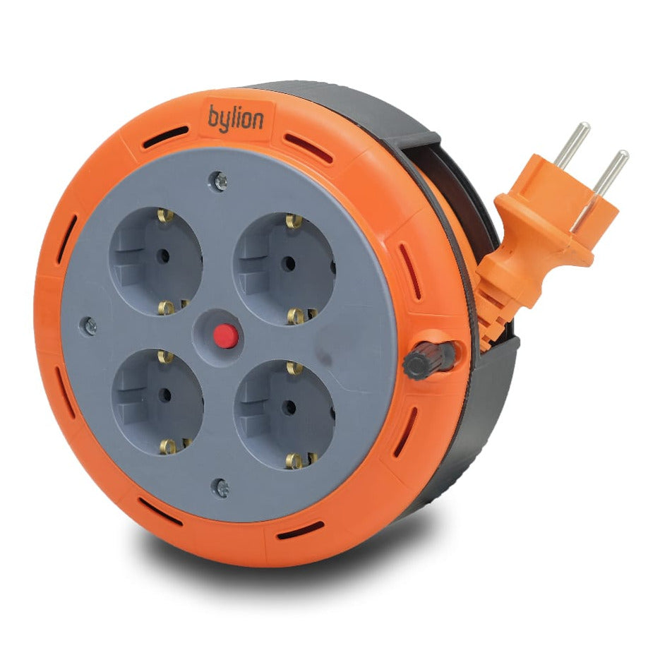 Cabo de extensão de rolo de cassete compacto, cabo de 5m com 4 tomadas IP20 + fusível térmico + fusível para crianças, 3x1mm2, ligação à terra tipo SCHUKO, PHE-05310-F