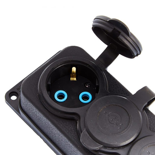 Tomada tripla de "borracha" preta com tampa hermética IP44 250V, 16A, SCHUKO 2P+Z, 3KMP-F, Bylion