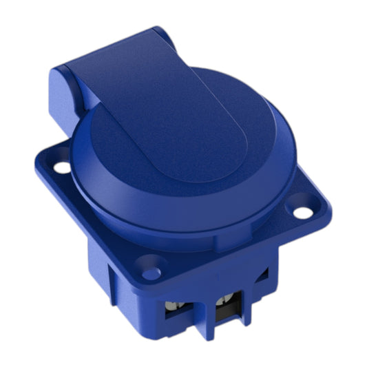 Tomada hermética 2P+Z, 230/220v, com ligação à terra, IP44, com aba, azul, 250V Schuko