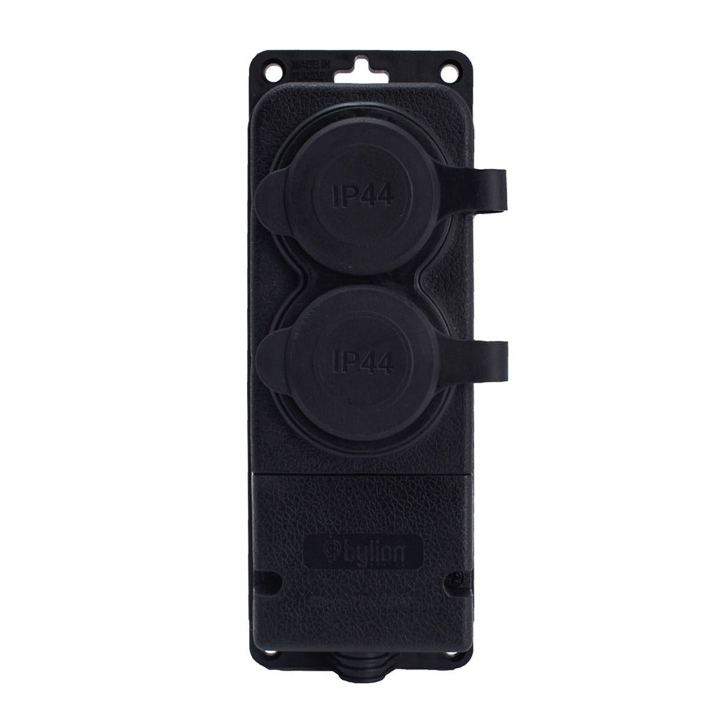 Black rubber double surface mount hermetic socket 250V, 16A, IP44, SCHUKO 2P+Z, 2KMP-F, Bylion