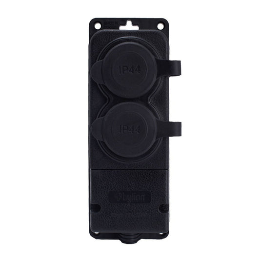 Black rubber double surface mount hermetic socket 250V, 16A, IP44, SCHUKO 2P+Z, 2KMP-F, Bylion