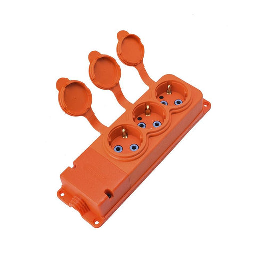 Tomada tripla de "borracha" cor de laranja com tampa hermética IP44 250V, 16A, SCHUKO 2P+Z, 3KMP-F-O, Bylion