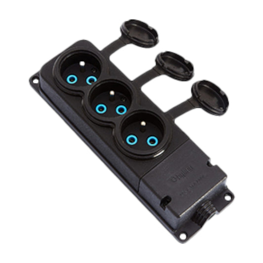 3x socket, French type E, triple "rubber" black socket with IP44 hermetic cover 250V, 16A, 2P+Z, 3KMP-E, Bylion