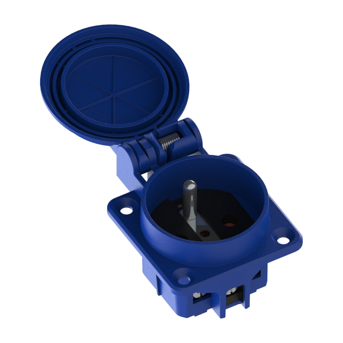 Tomada hermética 2P+Z, 230/220v, com ligação à terra, IP44, com aba, azul, 250V Francês