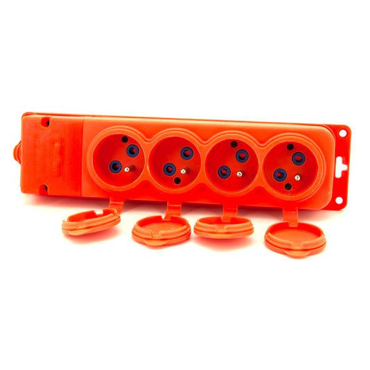 4x rubber socket "rubber" orange with hermetic cover IP44 250V, 16A, 2P+Z, French type E, 4KMP-E-O, Bylion