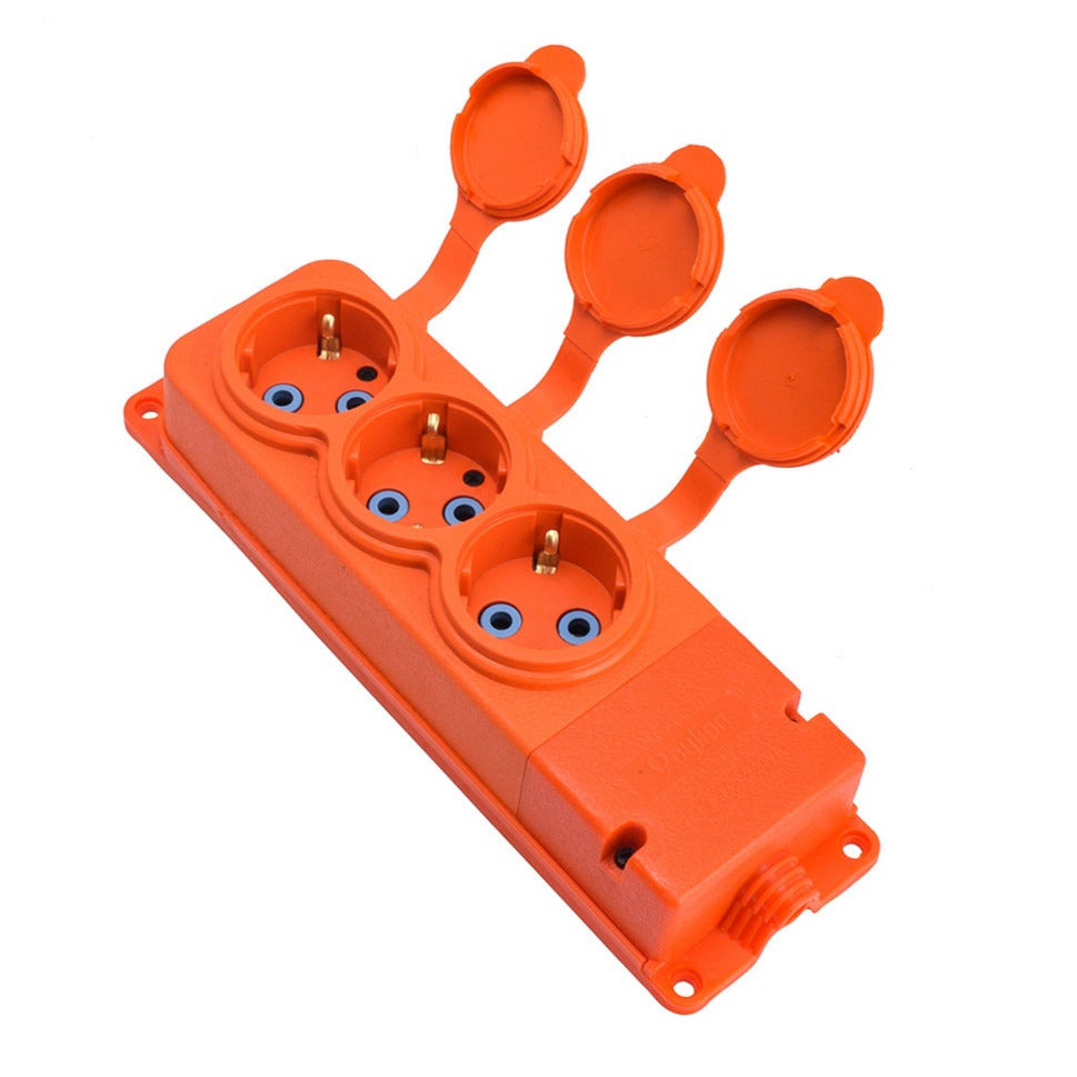 Tomada tripla de "borracha" cor de laranja com tampa hermética IP44 250V, 16A, SCHUKO 2P+Z, 3KMP-F-O, Bylion