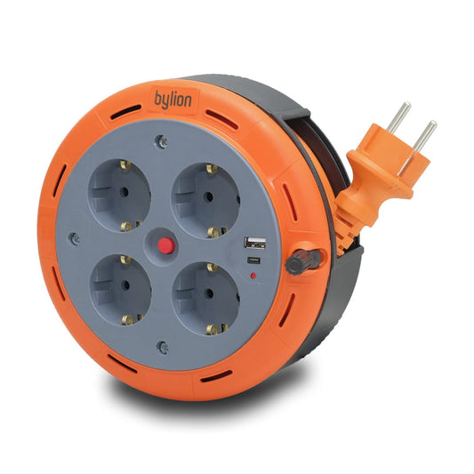 Cabo de extensão de rolo de cassete compacto, cabo de 5m com 4 tomadas IP20 + USB + fusível térmico + fusível para crianças, 3x1mm2, ligação à terra tipo SCHUKO, PHE-05310-F-USB