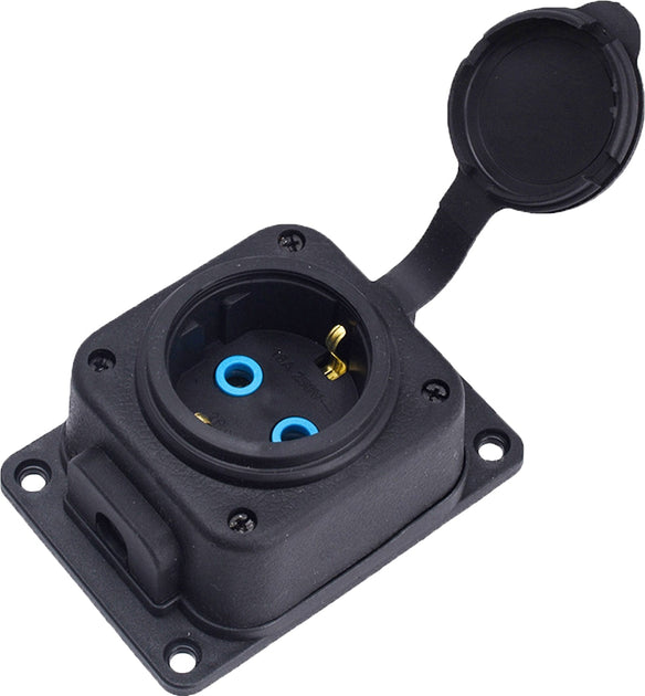 Tomada de superfície "borracha" preta 250V, 16A, IP44, SCHUKO 2P+Z, 1KMP-F, Bylion