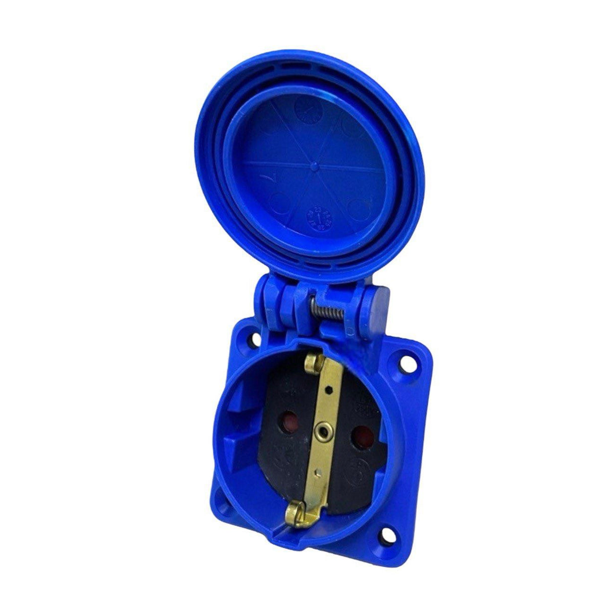 Tomada hermética 2P+Z, 230/220v, com ligação à terra, IP44, com aba, azul, 250V Schuko