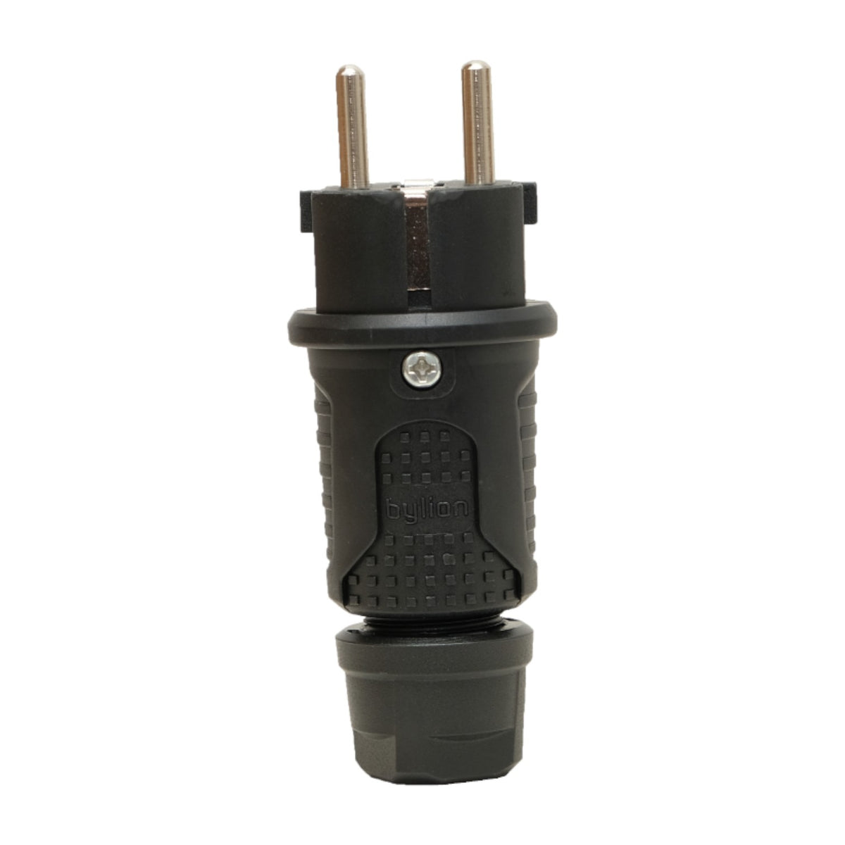 Black rubber plug IP54, 250v 16a per cable, Uni-Schuko (double earth connection), 2P+E, REF, Bylion