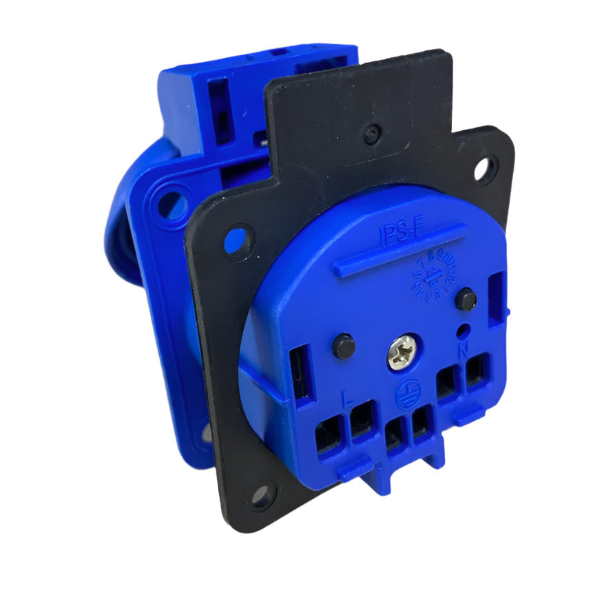 Tomada hermética 2P+Z, 230/220v, com ligação à terra, IP44, com aba, azul, 250V Schuko