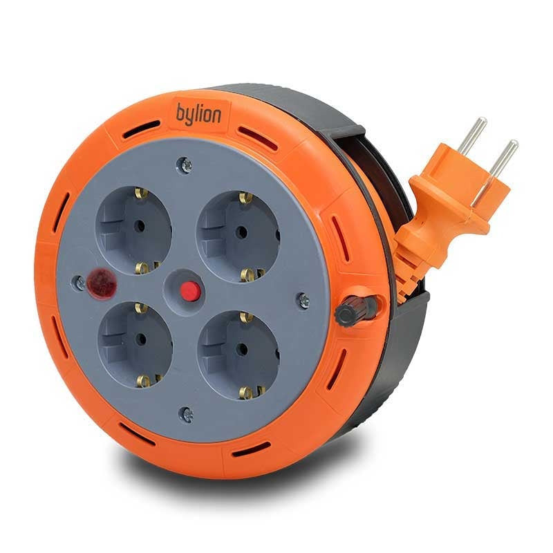 Cabo de extensão do rolo da cassete compacta, cabo de 5m com 4 tomadas IP20 + fusível térmico + fusível para crianças, 3x1mm2, tipo francês (pino), PHE-05310-E