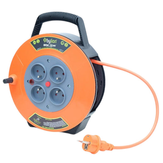 Enrolador/tambor de cabo de extensão retrátil compacto, cabo de 10 m com 4 tomadas IP20 + fusível térmico