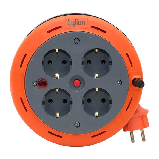 Compact cassette reel extension cable, 5m cable with 4 IP20 sockets + thermal fuse + child fuse, 3x1mm2, SCHUKO type grounding connection, PHE-05310-F