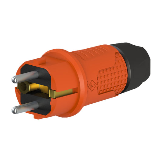 Ficha de borracha laranja IP54, para cabo, ligação à terra dupla, 2P+Z, REF-O , 16 amperes 250 volts, fabricante Bylion